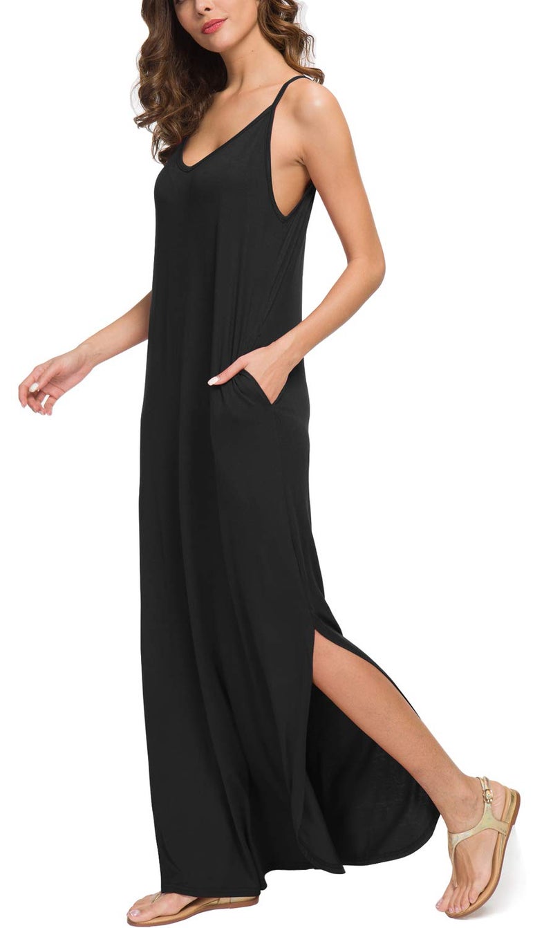 GRECERELLE Women's Summer Casual Loose Dress Beach Cover Up Long Cami Maxi Dress with Pocket Black-Medium - Image 2